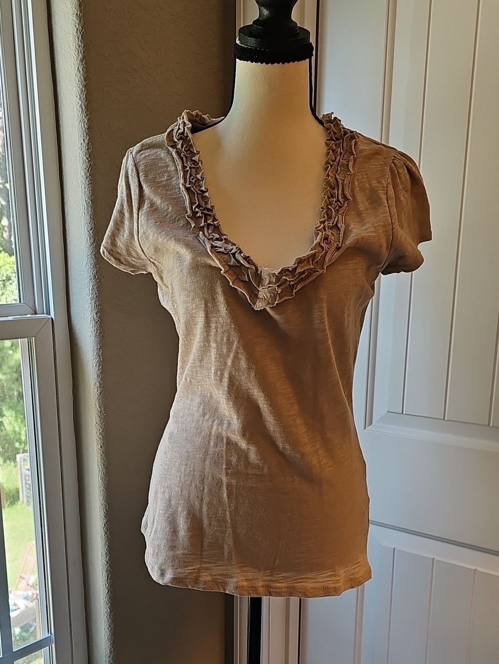 INC International Concepts Taupe Ruffle V-Neck Short Sleeve Tee